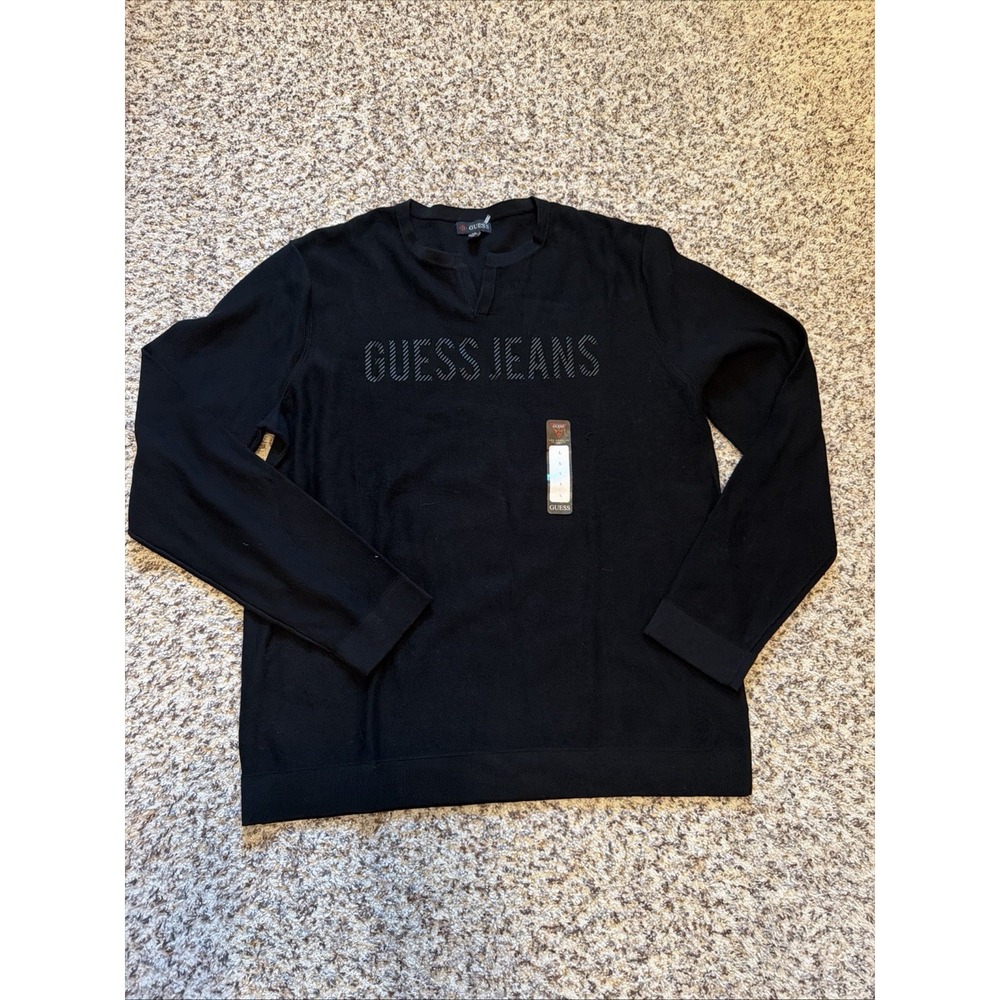 Guess Jeans New Mens Slub Jersey Long Sleeve 100% Cotton Black, Sz L Sweater